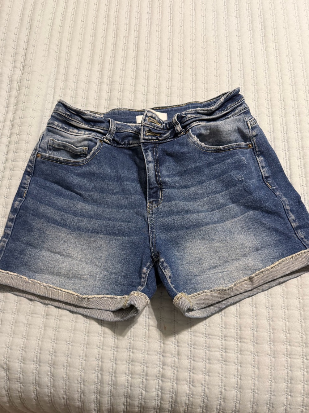 Mid-Rise Washed Blue Denim Roll-Cuff Jean Shorts
